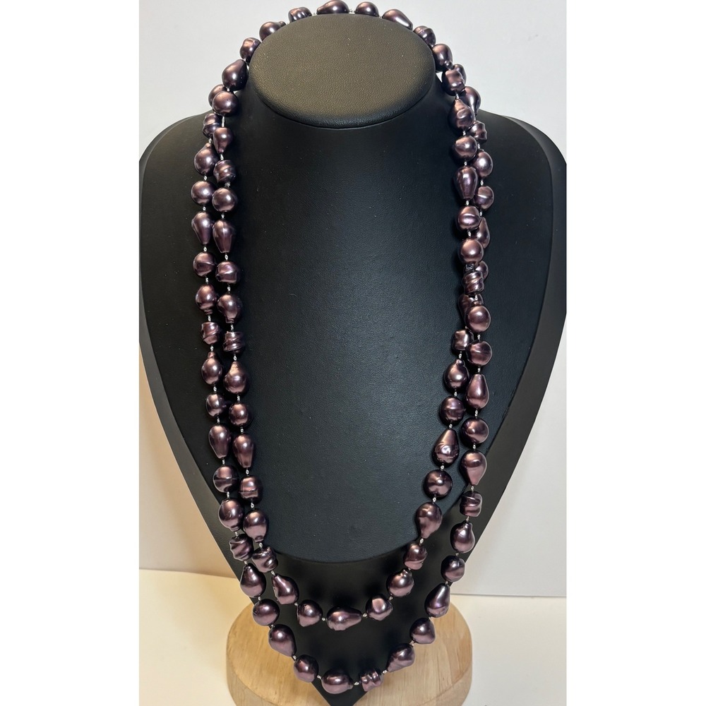 Vintage Flapper 48" Eggplant Purple Knotted Faux Pearl Necklace 8mm Baroque Bead